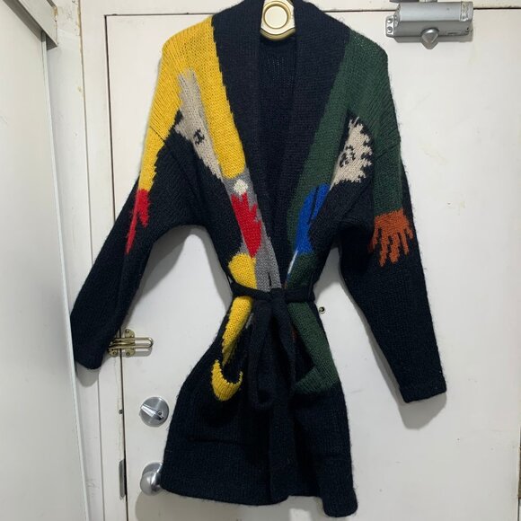 VINTAGE GRAPHIC KNIT BELTED WOOL SWEATER CARDIGANS SIZE XL - Picture 12 of 16